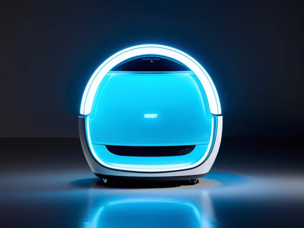 Un robot futurista con diseño elegante y luces azules, limpia y entretiene en un hogar moderno