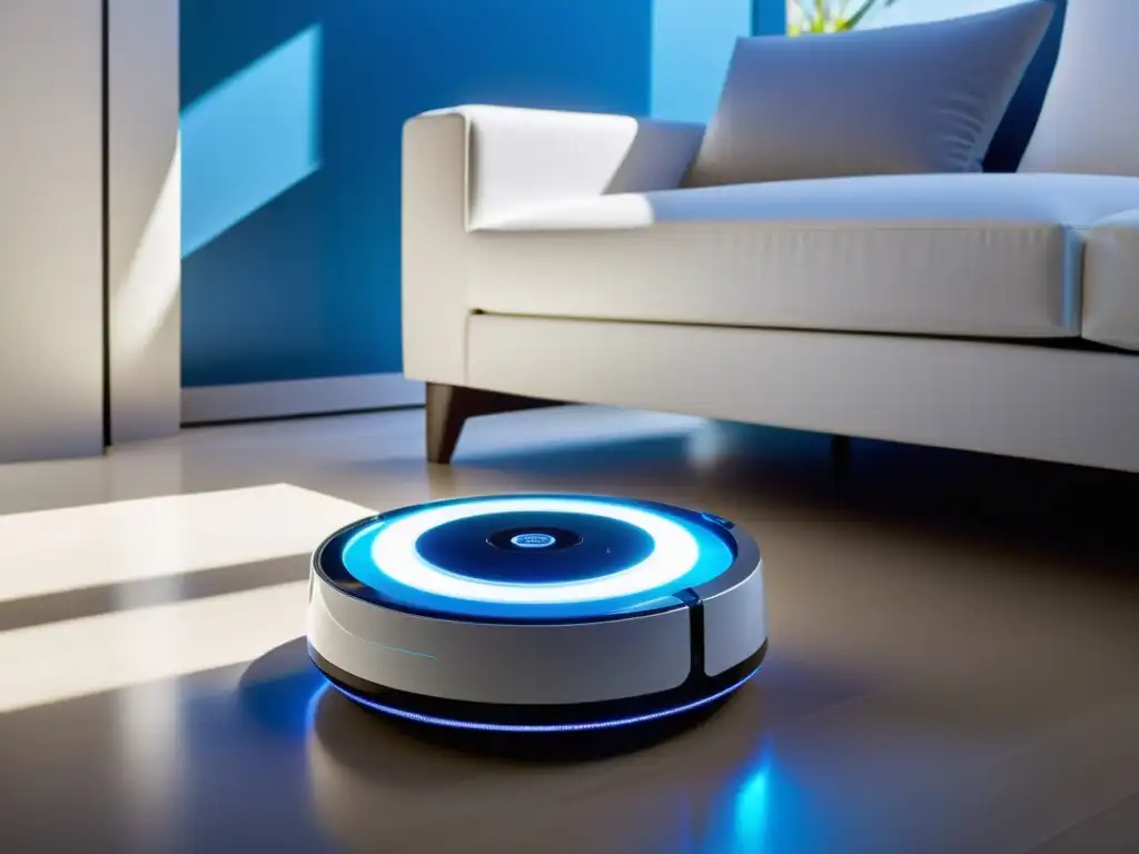 Un robot limpiador de diseño futurista y eficiente, emitiendo una suave luz azul mientras navega por la sala