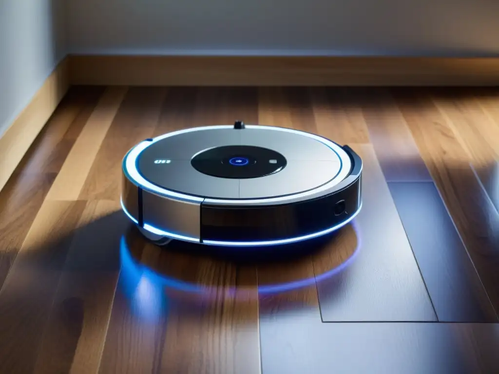 Un robot limpiador QRS para hogar deslizándose sin esfuerzo por un piso de madera, con luces LED suaves iluminando su camino