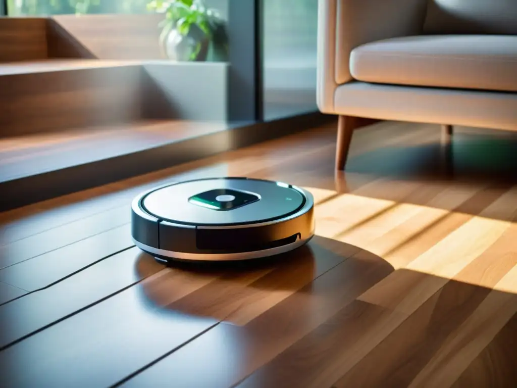 Un robot de limpieza eficiente para hogar con diseño futurista deslizándose suavemente por un piso de madera, iluminado por el cálido sol