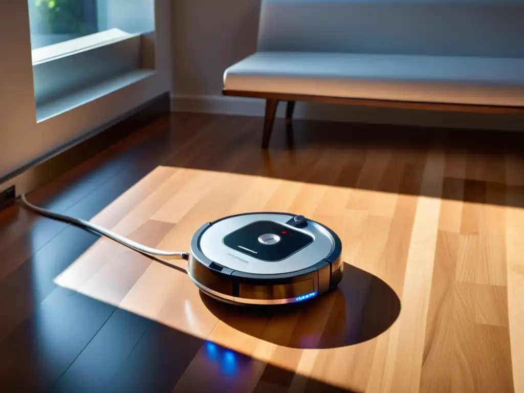 Un robot de limpieza eficiente para el hogar deslizándose sin esfuerzo sobre un suelo de madera impecable, con indicadores LED brillando, mientras la luz del sol crea sombras dramáticas