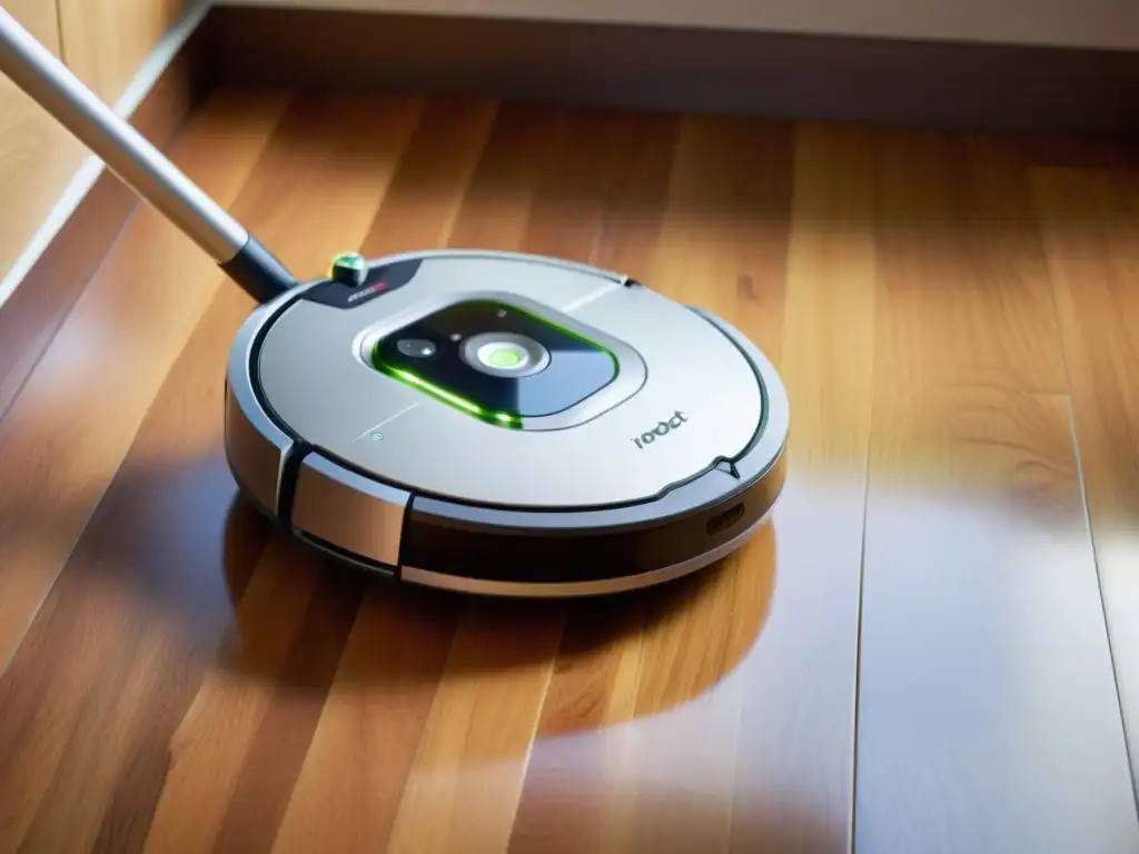 Un robot mopa iRobot para limpieza deslizándose sin esfuerzo sobre el suelo de madera, capturando polvo y suciedad con detalle impresionante