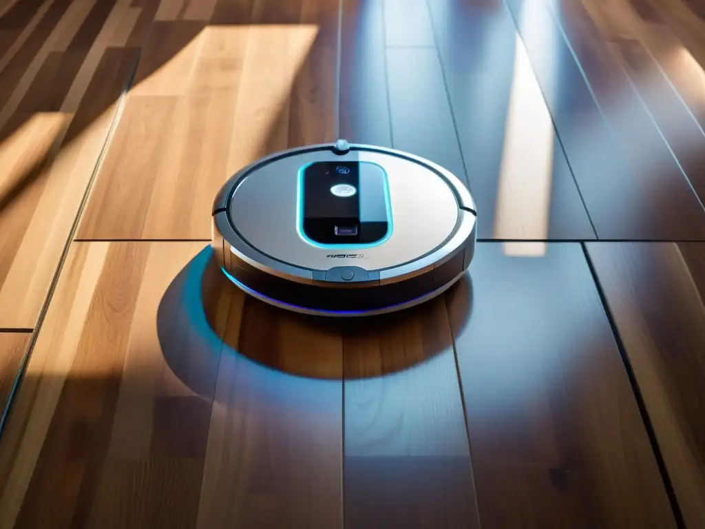 Robot de limpieza para el hogar avanzado, deslizándose sin esfuerzo en un suelo de madera, con luces LED y diseño futurista, evocando eficiencia y tecnología innovadora en limpieza del hogar