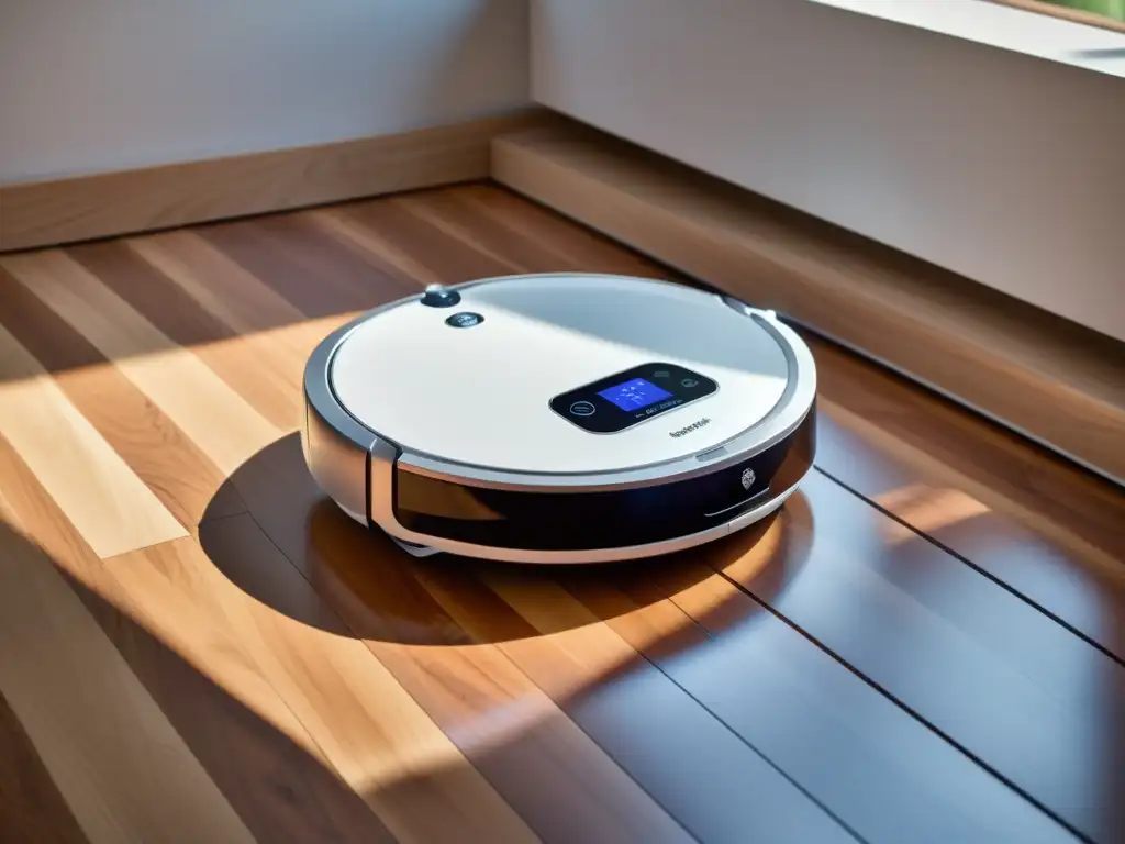 Robot de limpieza para el hogar de diseño moderno en acción, integrándose sin esfuerzo en el ambiente del hogar contemporáneo