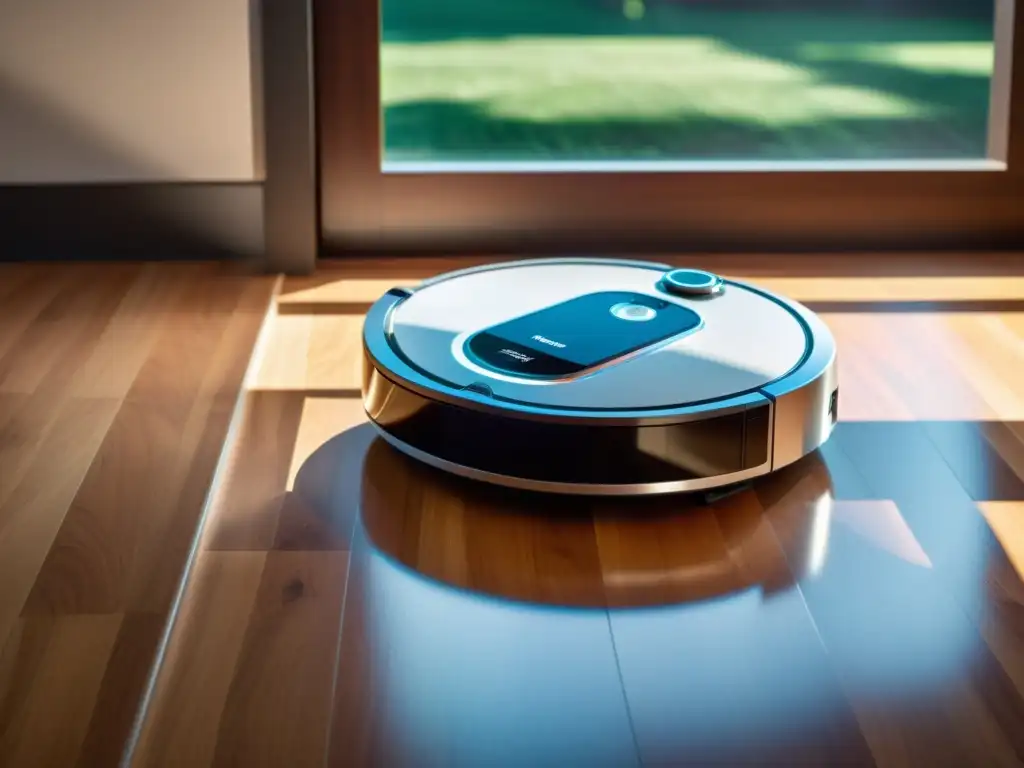 Robot de limpieza moderno deslizándose en un suelo de madera, mostrando su eficiencia y tecnología avanzada en comparativa con servicios tradicionales