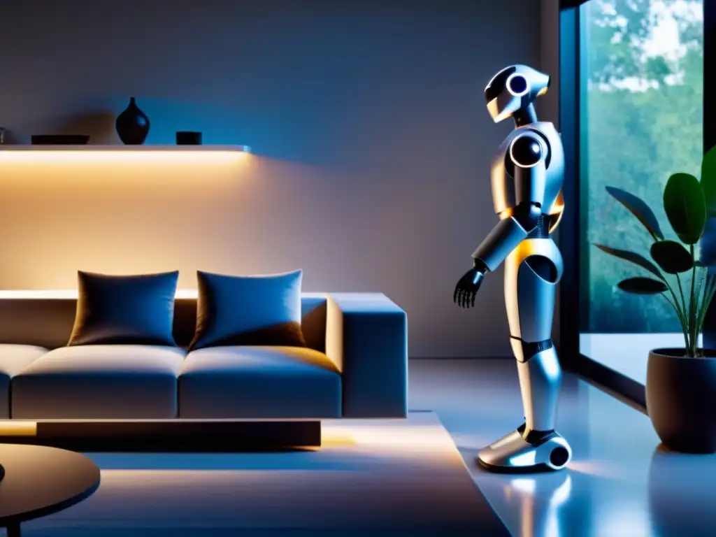 Un robot moderno y elegante ayuda a una persona en un ambiente luminoso y acogedor, demostrando la adopción de robots en el hogar