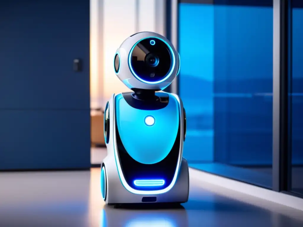 Un robot de seguridad para el hogar, futurista y elegante, con sensores visibles y tecnología avanzada