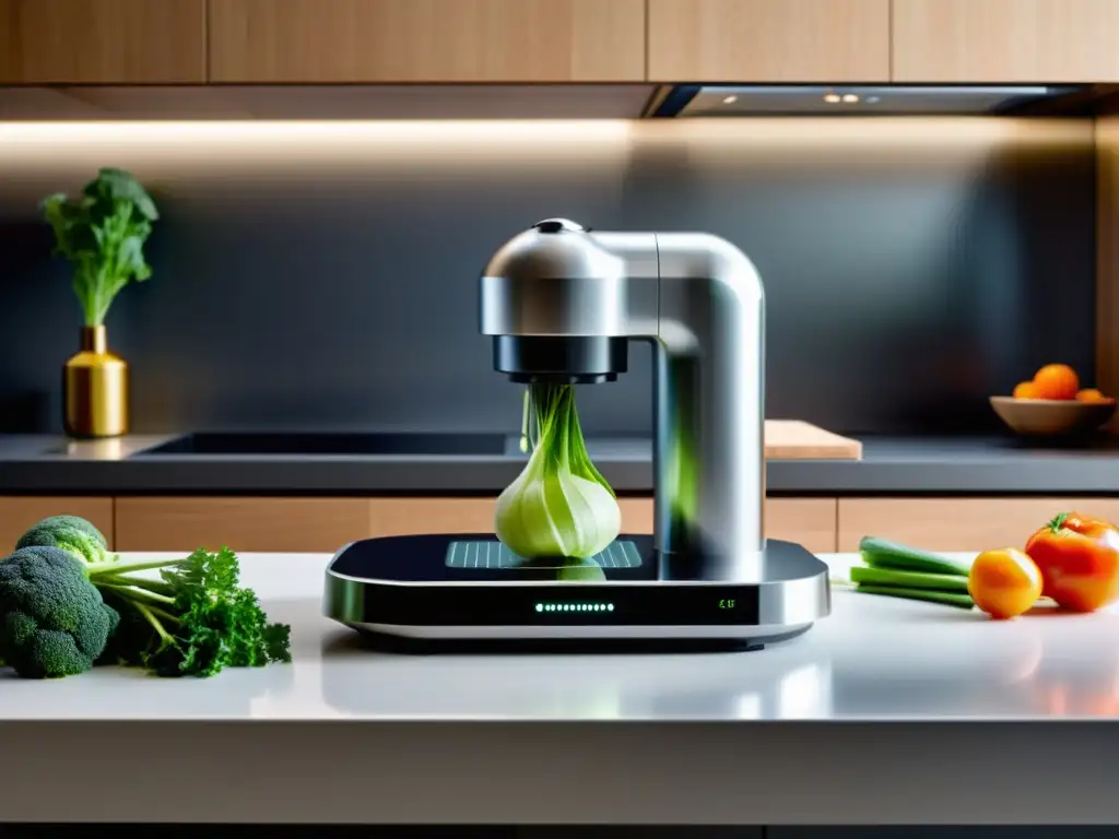 Robots de cocina ecoamigables en acción, cortando vegetales en una cocina moderna y futurista con elementos naturales