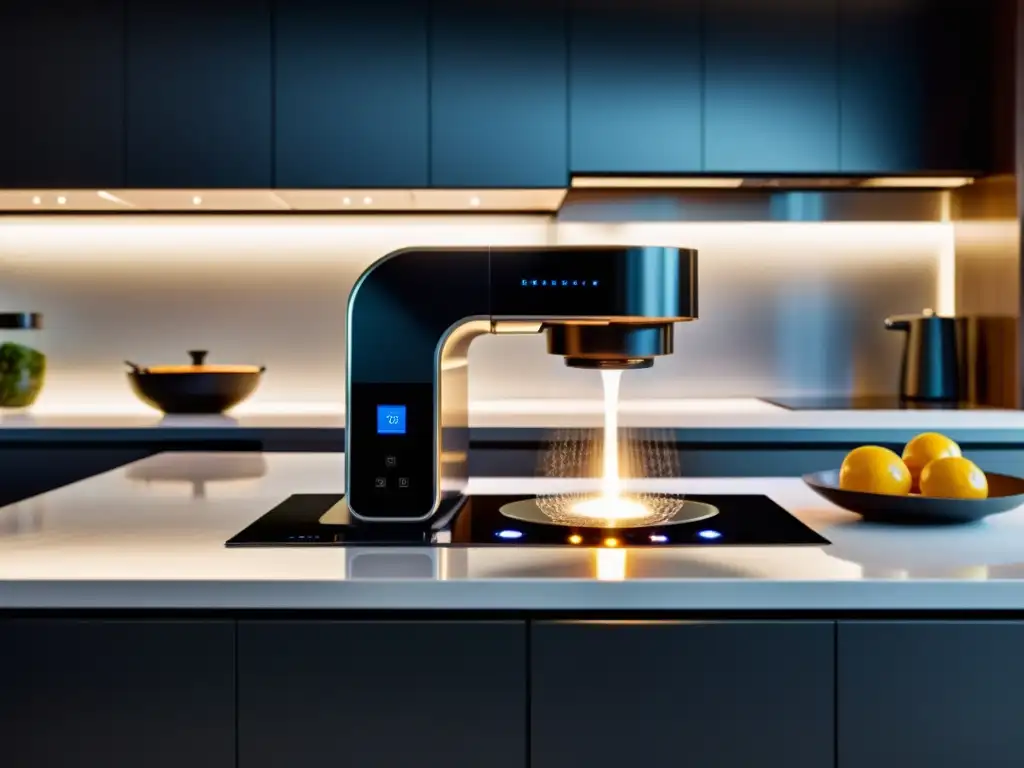 Robots de cocina inteligentes autónomos preparando una comida gourmet en una cocina moderna y minimalista, iluminada con suave luz LED