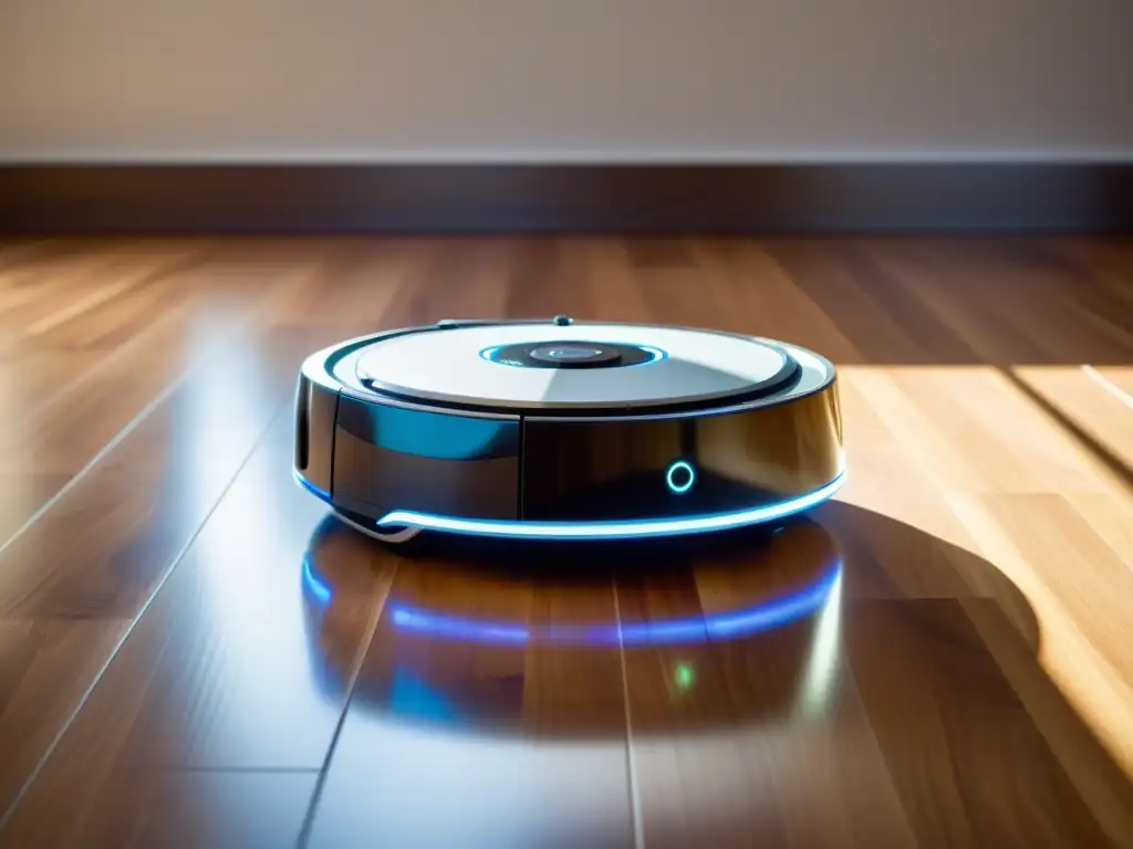 Robots de limpieza para el hogar: Un elegante robot aspirador deslizándose suavemente sobre un suelo de madera impecable, capturando partículas de polvo con sus luces LED suaves y reflejando eficiencia y sofisticación