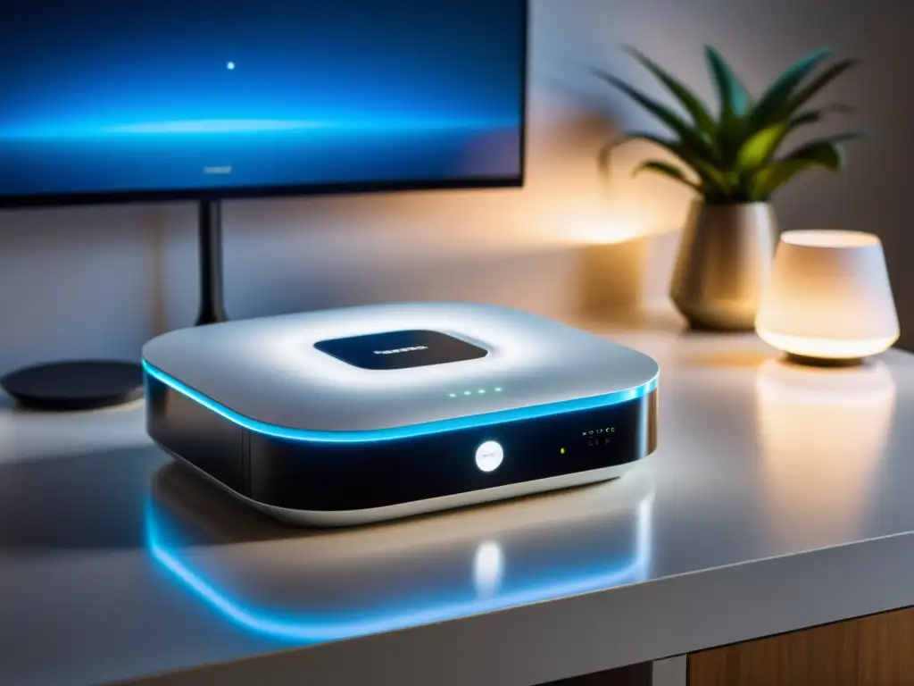 Un router moderno con luces LED parpadeantes rodeado de dispositivos inteligentes en un hogar minimalista