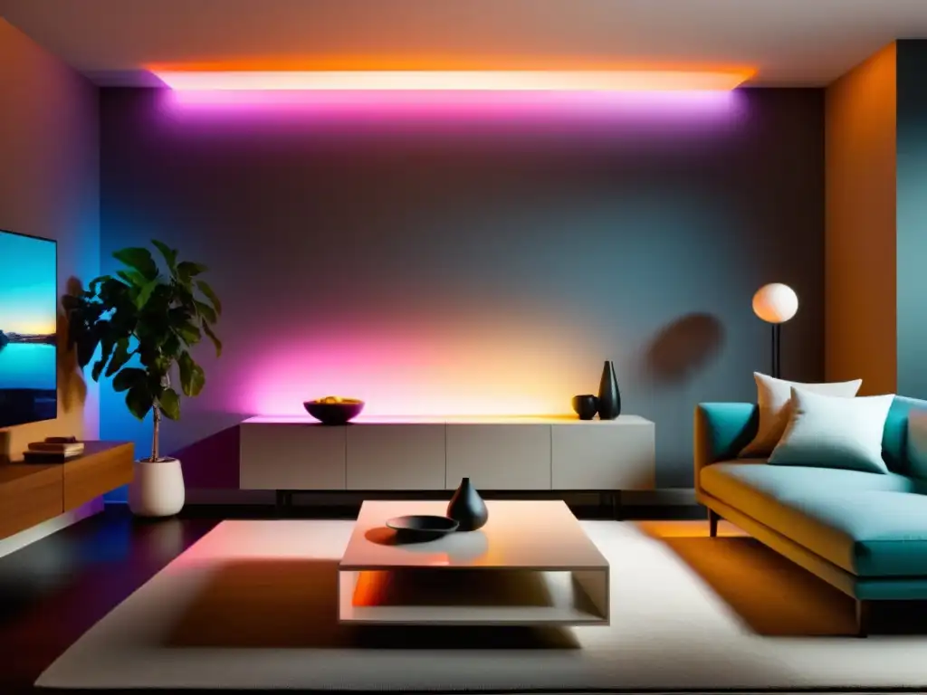 Transformación con iluminación inteligente Philips Hue en sala moderna: colores y ambiente cálido