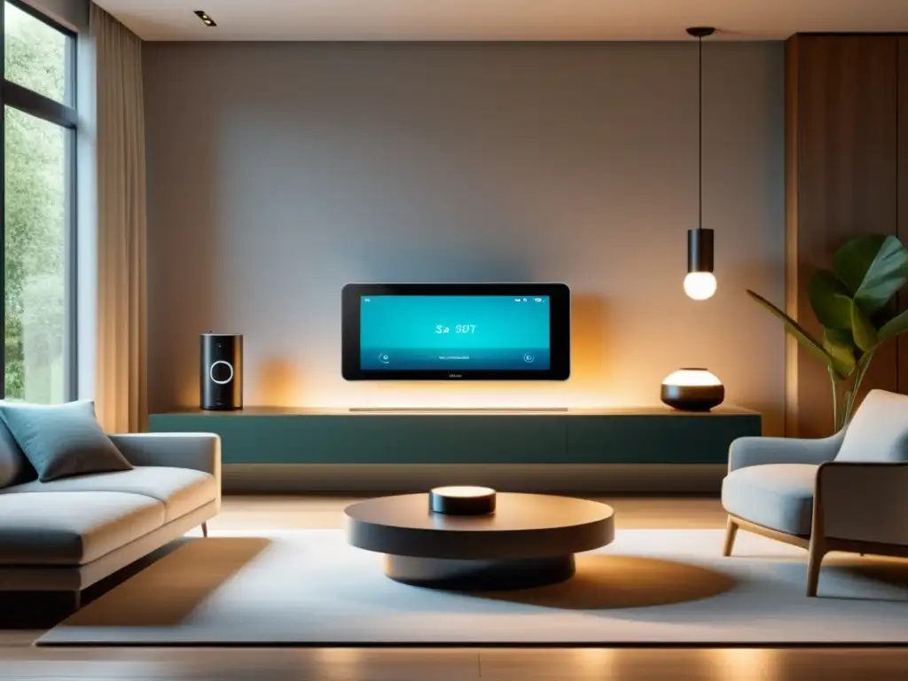 Una sala de estar moderna con dispositivos inteligentes minimalistas integrados, iluminación suave y ambiente acogedor