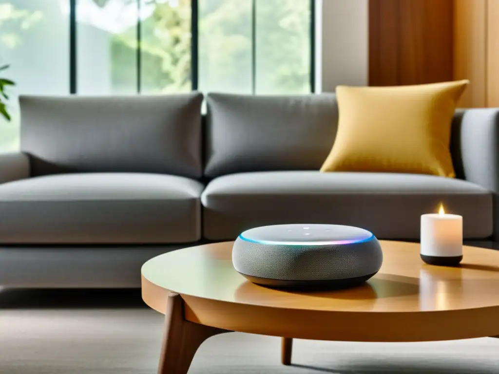 Configuración Google Home automatización vivienda: Sala moderna con dispositivos inteligentes integrados, bañada en luz natural