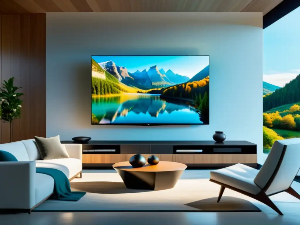 Una sala moderna y elegante con una Smart TV en la pared, transmitiendo una escena de la naturaleza en alta definición