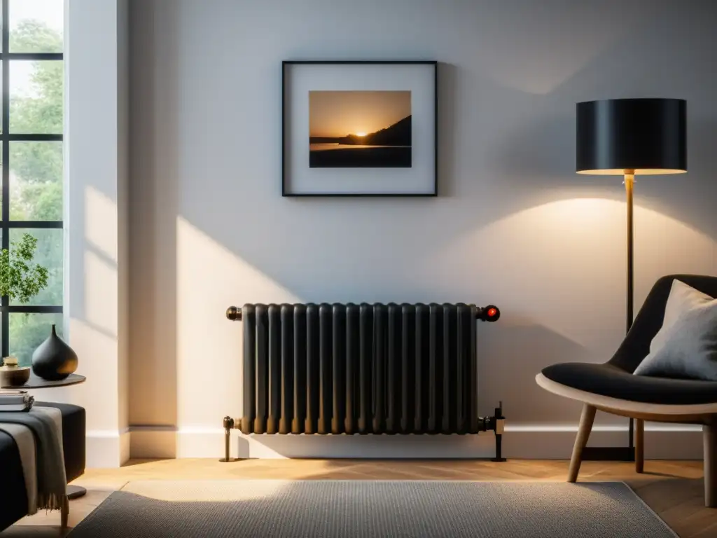 Una sala moderna con un elegante radiador de aceite negro creando un ambiente acogedor