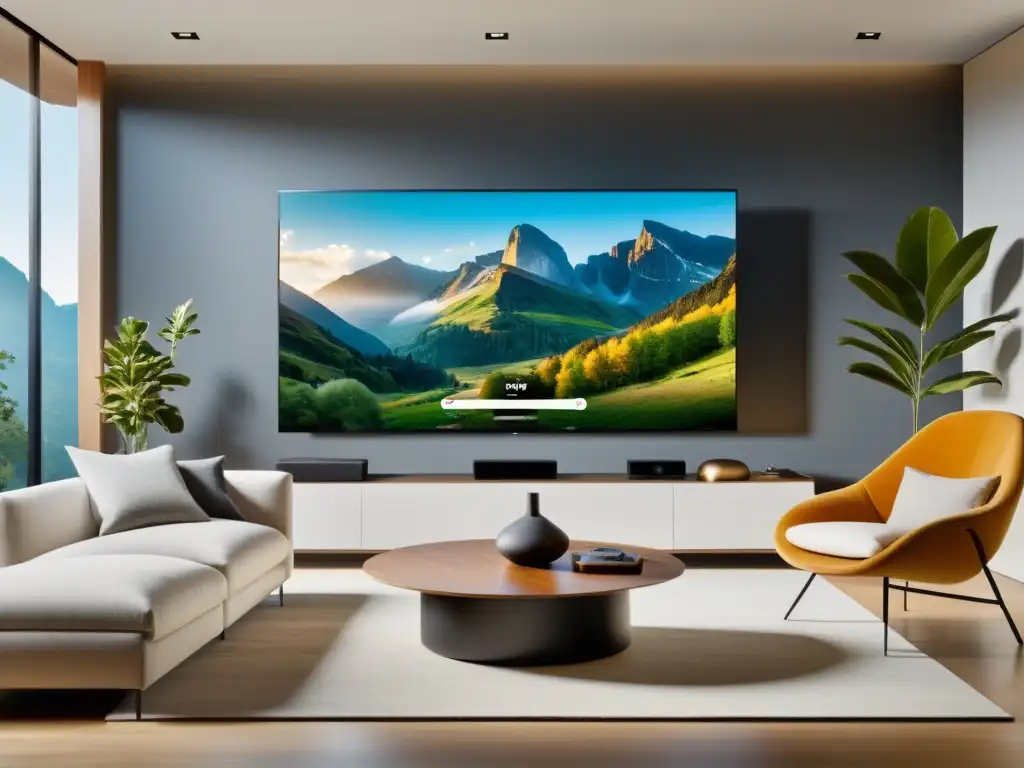 Una sala moderna con una impresionante Smart TV 8k mostrando imágenes de la naturaleza en alta resolución, rodeada de dispositivos inteligentes