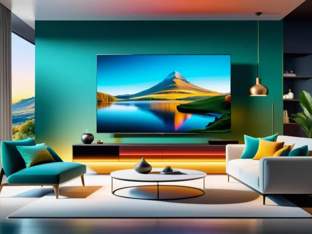 Una sala moderna con una impresionante Smart TV de 8K en la pared, mostrando colores vibrantes y realistas