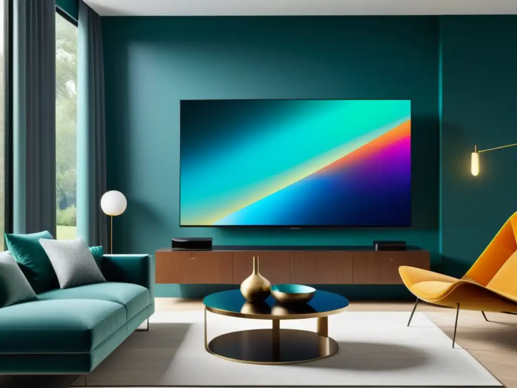 Una sala moderna y lujosa con una Smart TV 8K en la pared, rodeada de decoración minimalista y bañada en luz natural