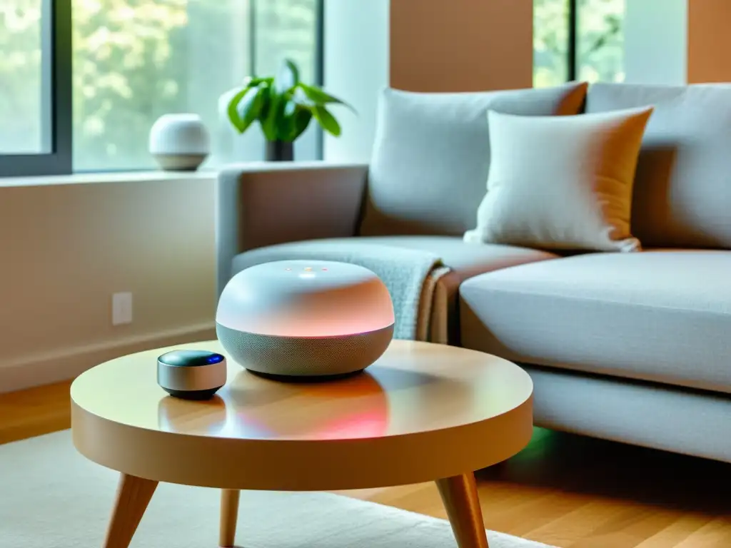 Configuración Google Home automatización vivienda en sala moderna con luz natural cálida y dispositivos inteligentes