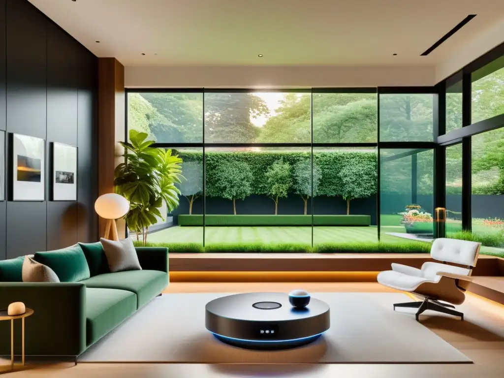 Una sala de estar moderna con muebles minimalistas y dispositivos de automatización residencial con inteligencia artificial integrados