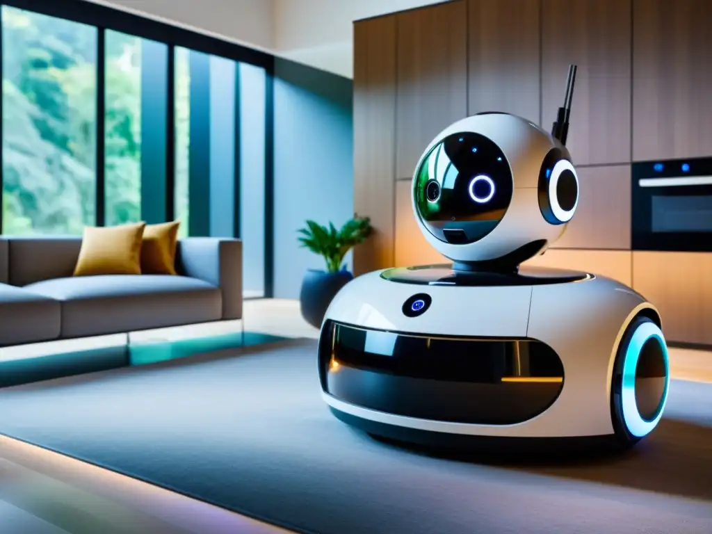 Una sala de estar moderna con robots para el hogar integrados, mostrando la adopción de robots para el hogar en un ambiente elegante y futurista