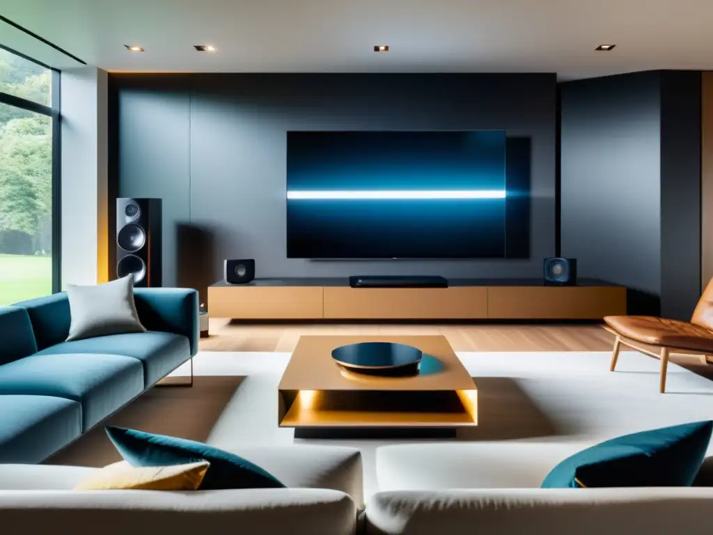 Sala moderna con sistema de entretenimiento domótico hogar, TV OLED 8K, altavoces minimalistas y ambiente acogedor con luces LED regulables