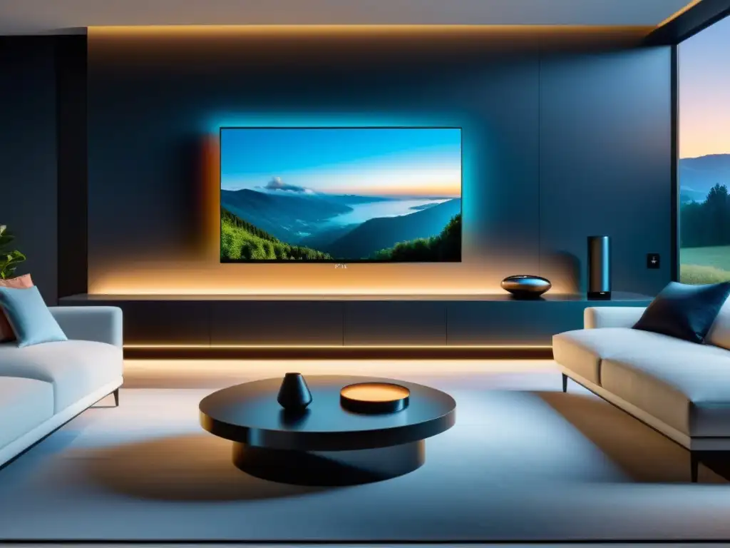 Una sala moderna con un televisor 8K integrado a electrodomésticos inteligentes, creando un ambiente acogedor y futurista