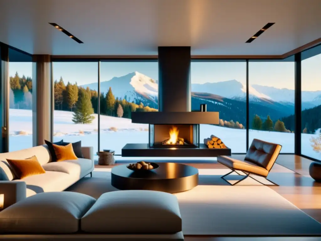 Sala moderna con vista a la nieve, chimenea ecológica y mobiliario sostenible