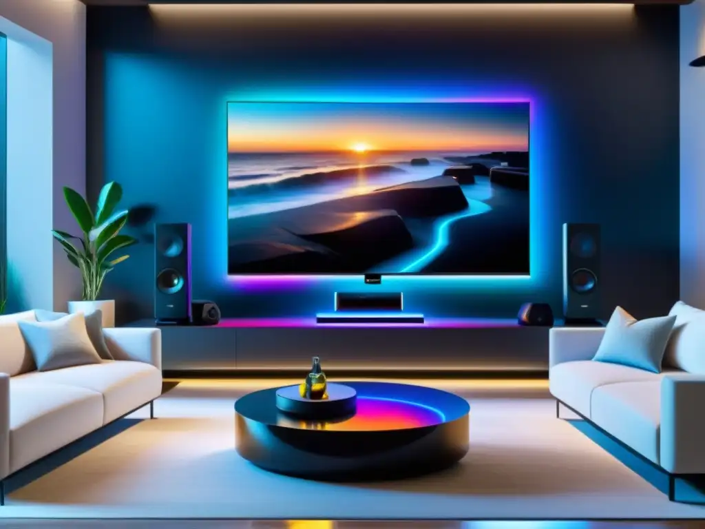 Salón moderno con TV 8K, altavoces inteligentes y luz ambiental ajustable