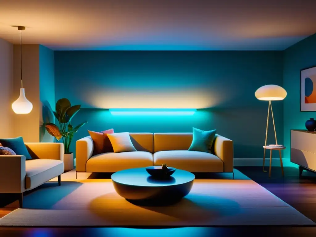 Salón moderno con la transformación de la iluminación inteligente Philips Hue, creando un ambiente acogedor y futurista