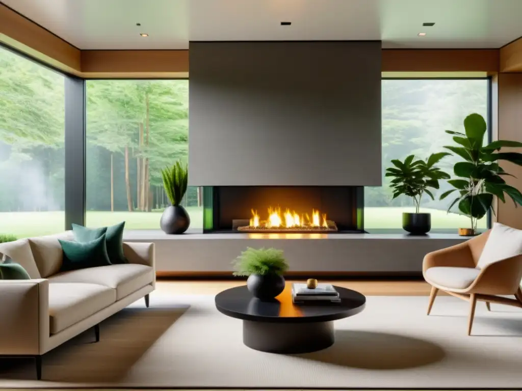 Salón moderno con chimenea ecológica en el centro, rodeada de mobiliario minimalista, tonos neutros y plantas verdes