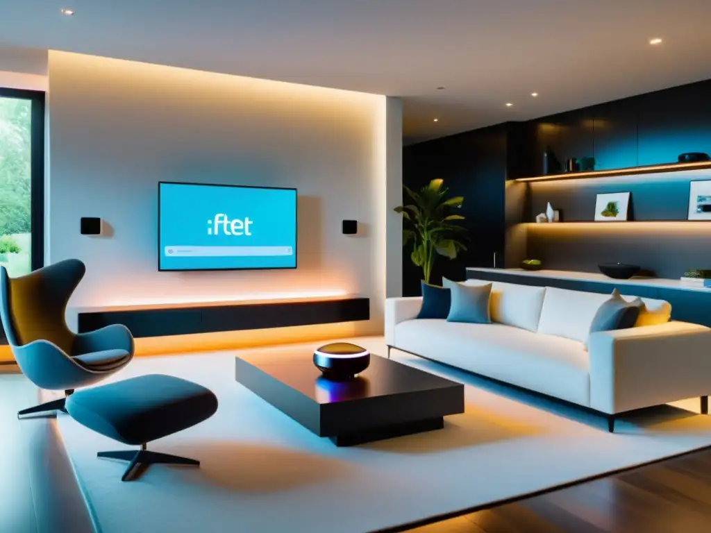 Salón moderno con dispositivos hogar integrados con IFTTT, creando un espacio futurista y eficiente