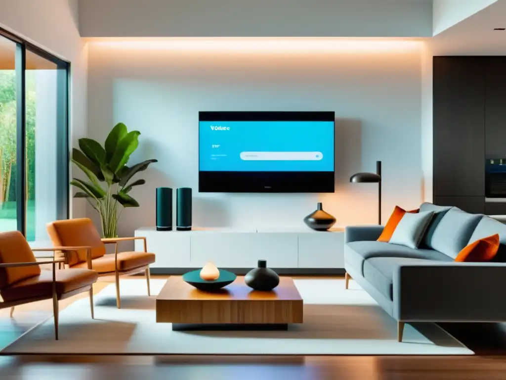 Salón moderno con dispositivos inteligentes integrados con IFTTT, creando un ambiente sofisticado de integración dispositivos hogar con IFTTT