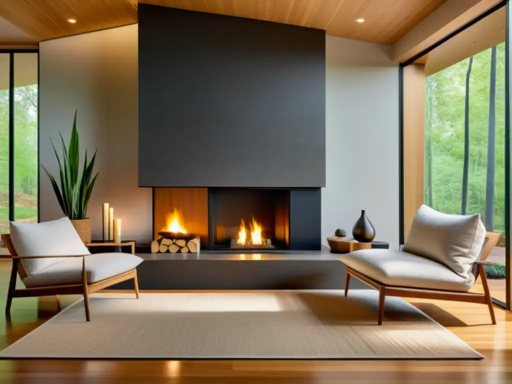 Salón moderno con una elegante chimenea ecológica como punto focal