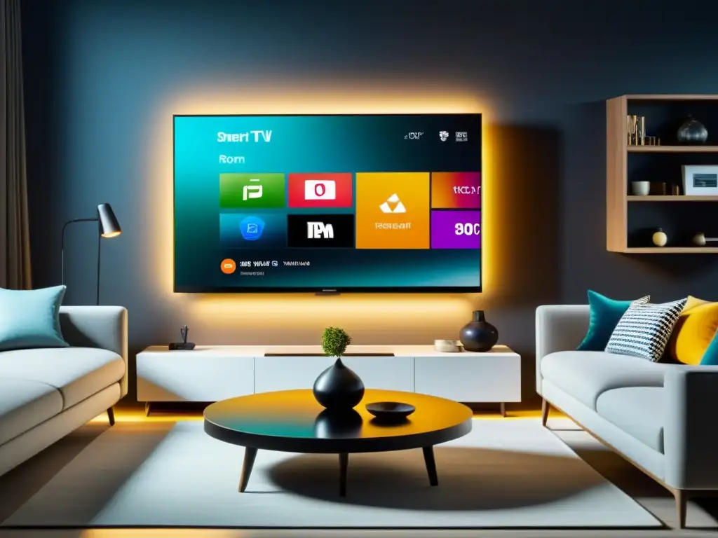 Salón moderno con elegante Smart TV en la pared, creando una atmósfera acogedora y sofisticada