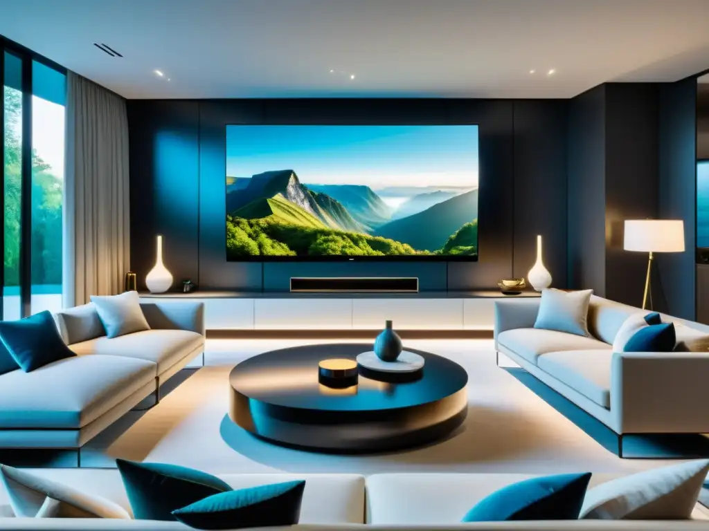 Salón moderno con domótica para experiencia multimedia hogar: TV 8K OLED, iluminación por voz, cortinas automáticas y panel de control central