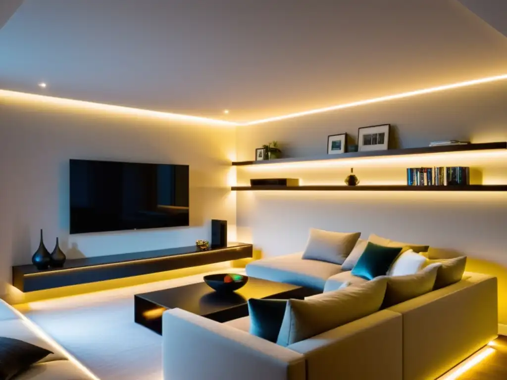 Salón moderno con iluminación LED para el hogar, creando un ambiente cálido y acogedor