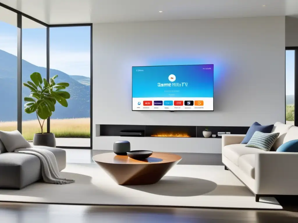 Salón moderno con integración de dispositivos hogar con IFTTT, tecnología futurista y comodidad effortless