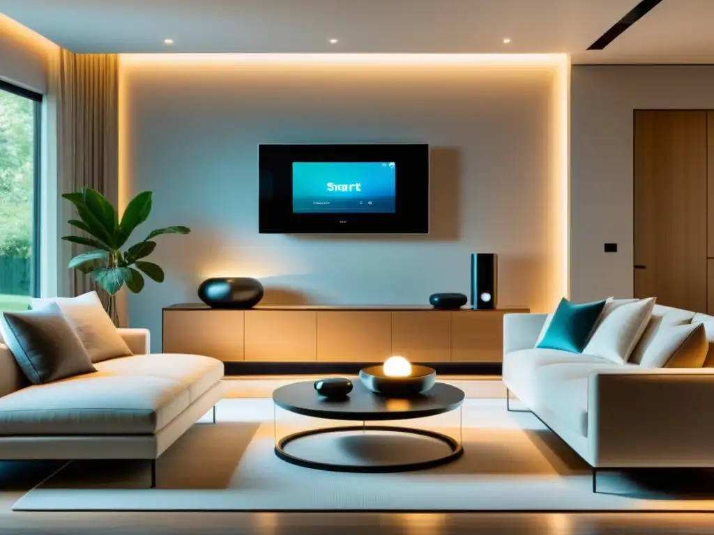 Salón moderno con integración dispositivos hogar con IFTTT, asistente de voz, iluminación automatizada y ambiente acogedor futurista