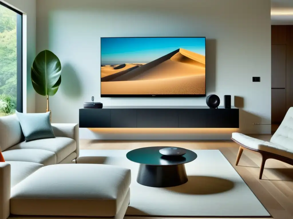 Salón moderno con integración sistemas sonido Smart TV, elegante y sofisticado, bañado en luz natural