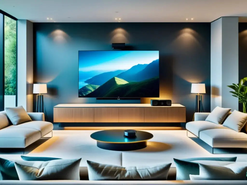 Salón moderno con integración sistemas sonido Smart TV, luces sutiles y diseño minimalista de lujo