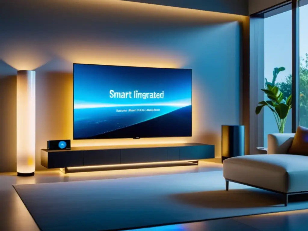 Salón moderno con integración de televisores y electrodomésticos para un hogar inteligente, con ambiente cálido y futurista