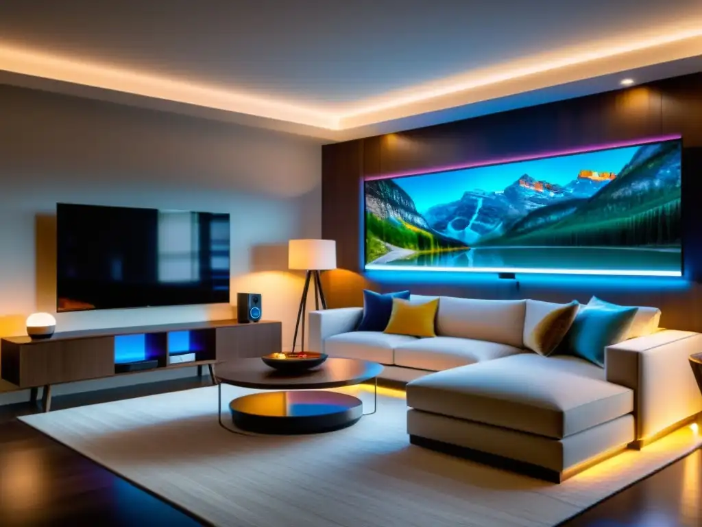 Salón moderno con iluminación inteligente para hogar, ambiente acogedor y luces LED coloridas en el techo y detrás del mueble de TV