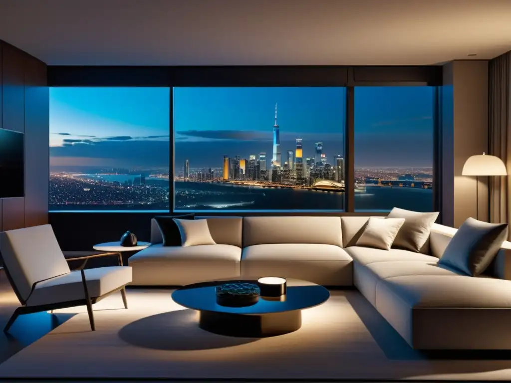 Salón moderno con muebles elegantes y diseño minimalista, TV inteligente, iluminación ambiental y ventana panorámica con vistas a la ciudad de noche