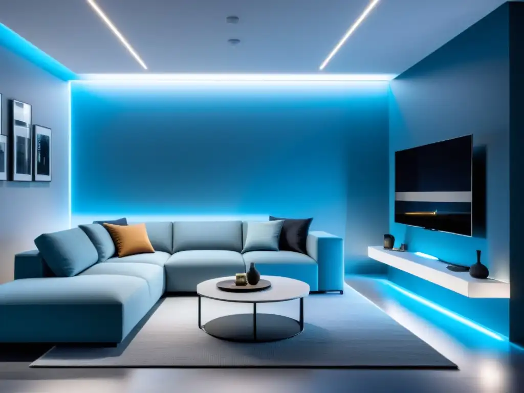 Un salón moderno con muebles minimalistas y luces LED inteligentes para hogar en tono azul, creando un ambiente acogedor y relajante