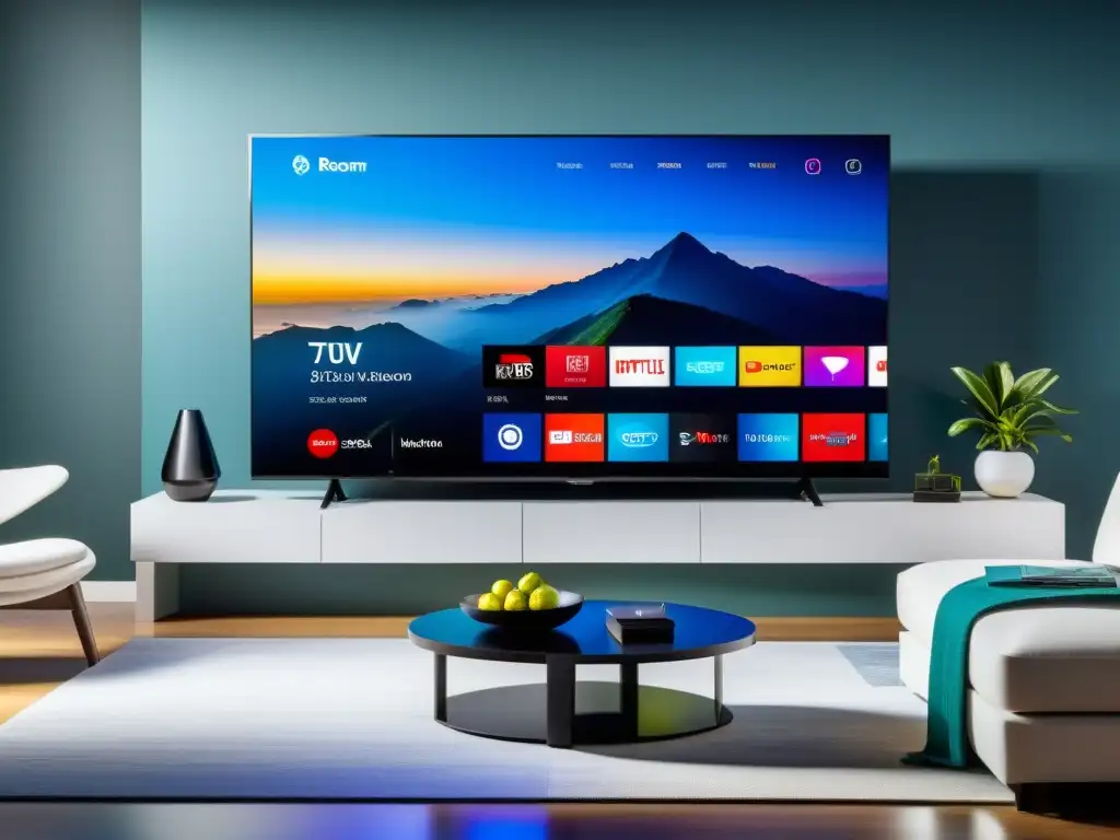 Salón moderno con Smart TV, interfaz dinámica y opciones de entretenimiento