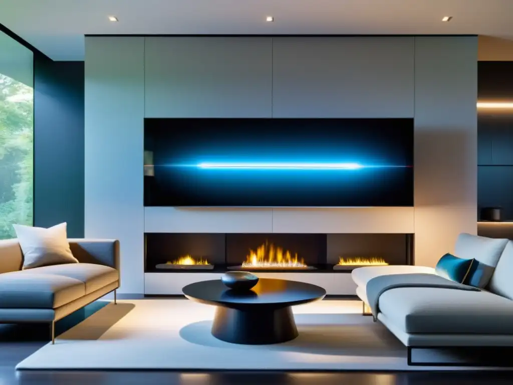 Salón moderno con pantalla OLED flexible integrada en la pared sobre la chimenea, mostrando interfaz de domótica futurista