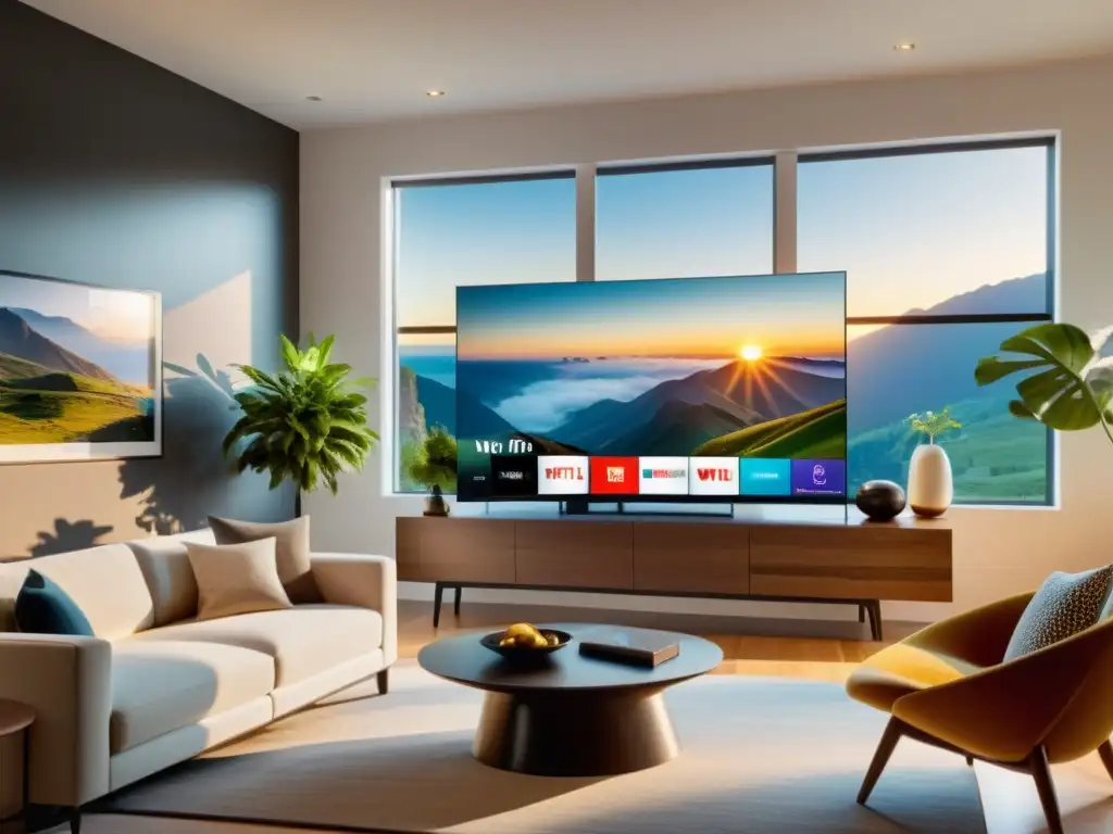 Salón moderno con Smart TV en la pared y conexión WiFi estable, decorado con estilo y mobiliario cómodo