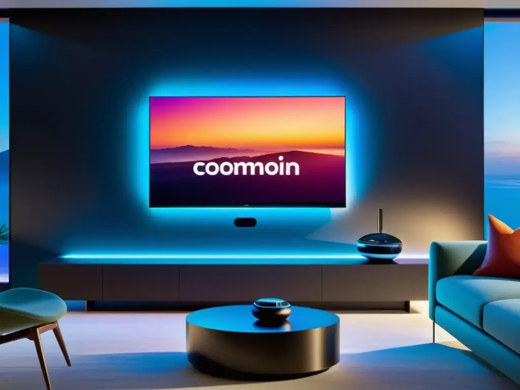 Salón moderno con Smart TV en pared, interfaz vibrante y controles intuitivos